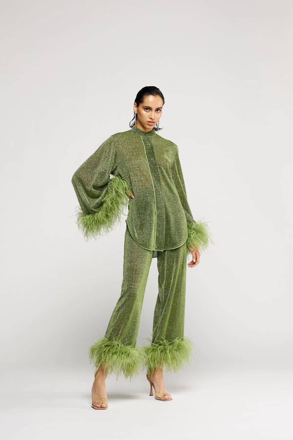 Elarova | Herbst Winter Feder Stehkragen Langarmoberteil und Hosen Set