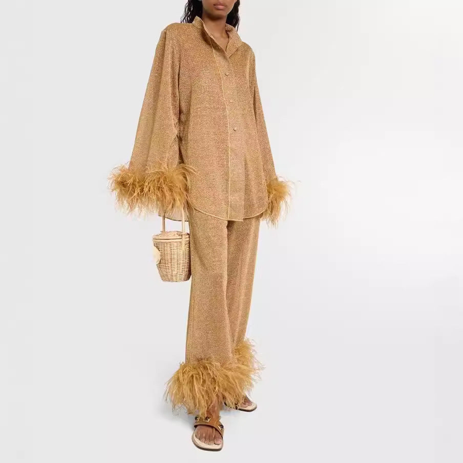 Elarova | Herbst Winter Feder Stehkragen Langarmoberteil und Hosen Set