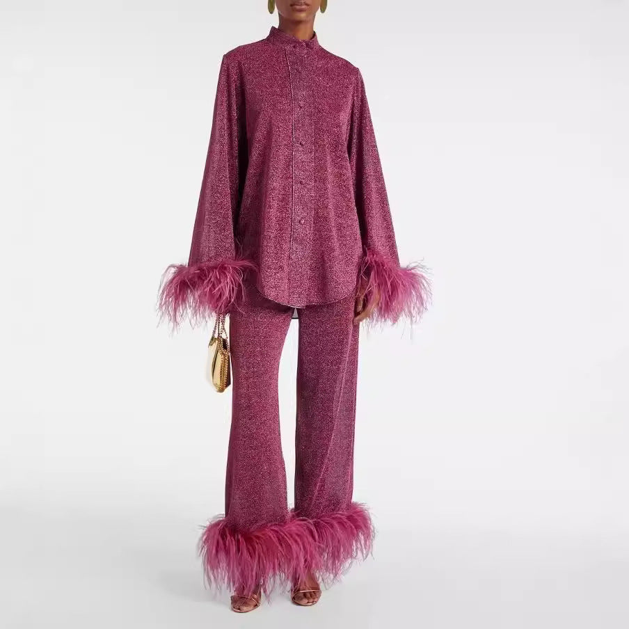 Elarova | Herbst Winter Feder Stehkragen Langarmoberteil und Hosen Set