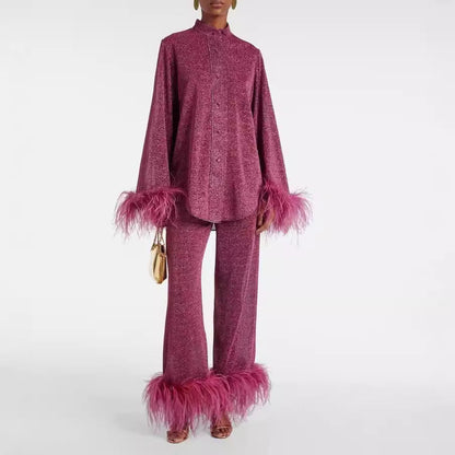 Elarova | Herbst Winter Feder Stehkragen Langarmoberteil und Hosen Set