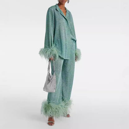 Elarova | Herbst Winter Feder Stehkragen Langarmoberteil und Hosen Set