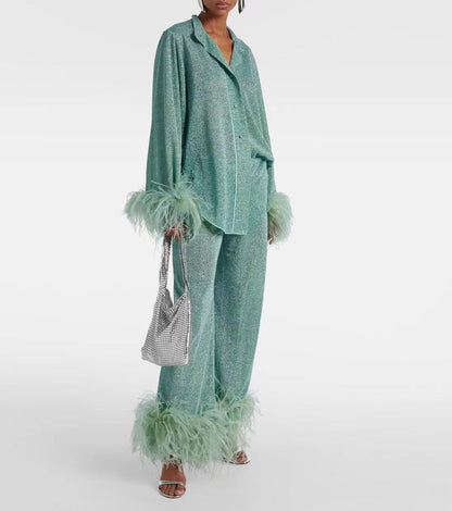 Elarova | Herbst Winter Feder Stehkragen Langarmoberteil und Hosen Set