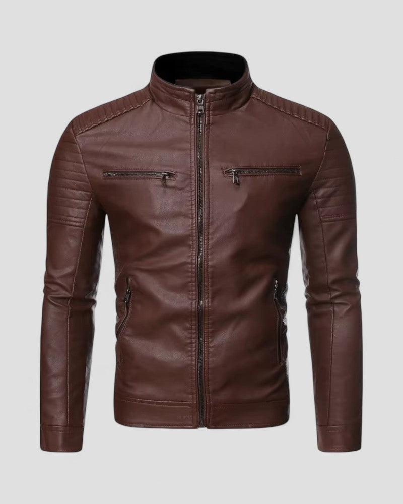 Elarova | Herren-Bikerjacke aus Kunstleder mit Stehkragen und schmaler Passform