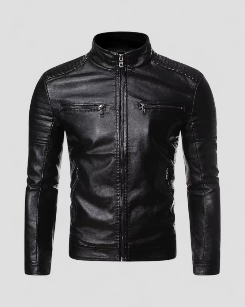 Elarova | Herren-Bikerjacke aus Kunstleder mit Stehkragen und schmaler Passform