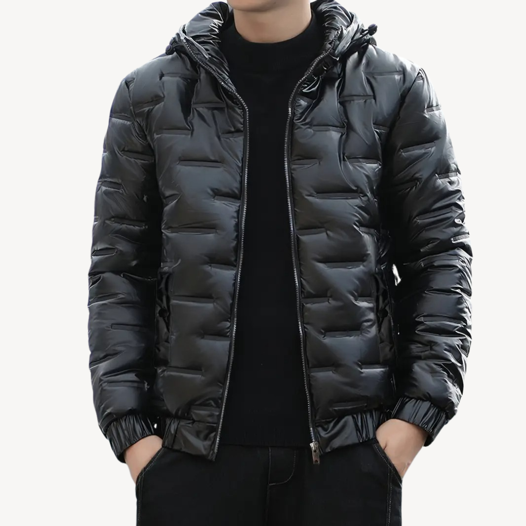 Elarova | Herren Glänzende schwarze Pufferjacke mit Kapuze