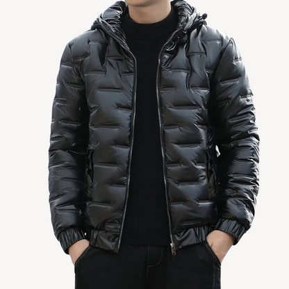 Elarova | Herren Glänzende schwarze Pufferjacke mit Kapuze