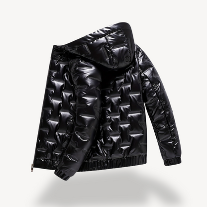 Elarova | Herren Glänzende schwarze Pufferjacke mit Kapuze