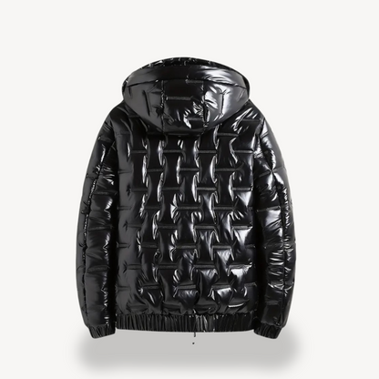 Elarova | Herren Glänzende schwarze Pufferjacke mit Kapuze