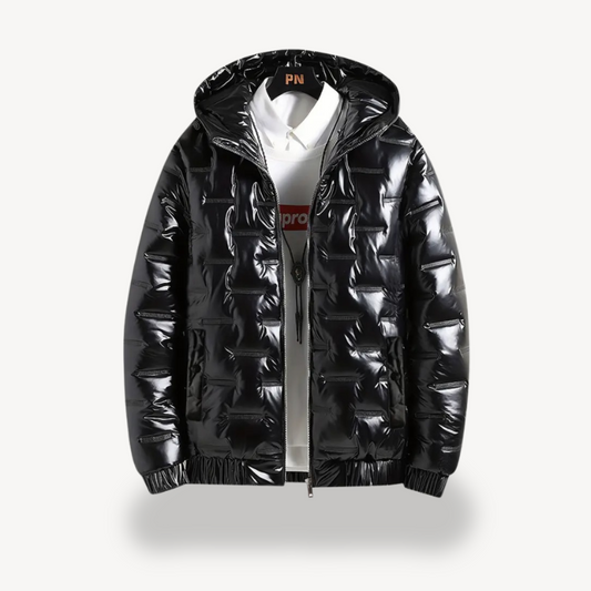 Elarova | Herren Glänzende schwarze Pufferjacke mit Kapuze