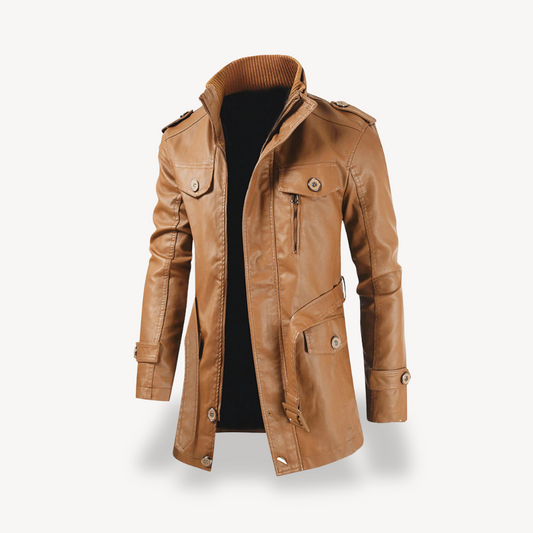 Elarova | Herren Kunstleder Lange Bikerjacke Lässiger Reißverschlussmantel