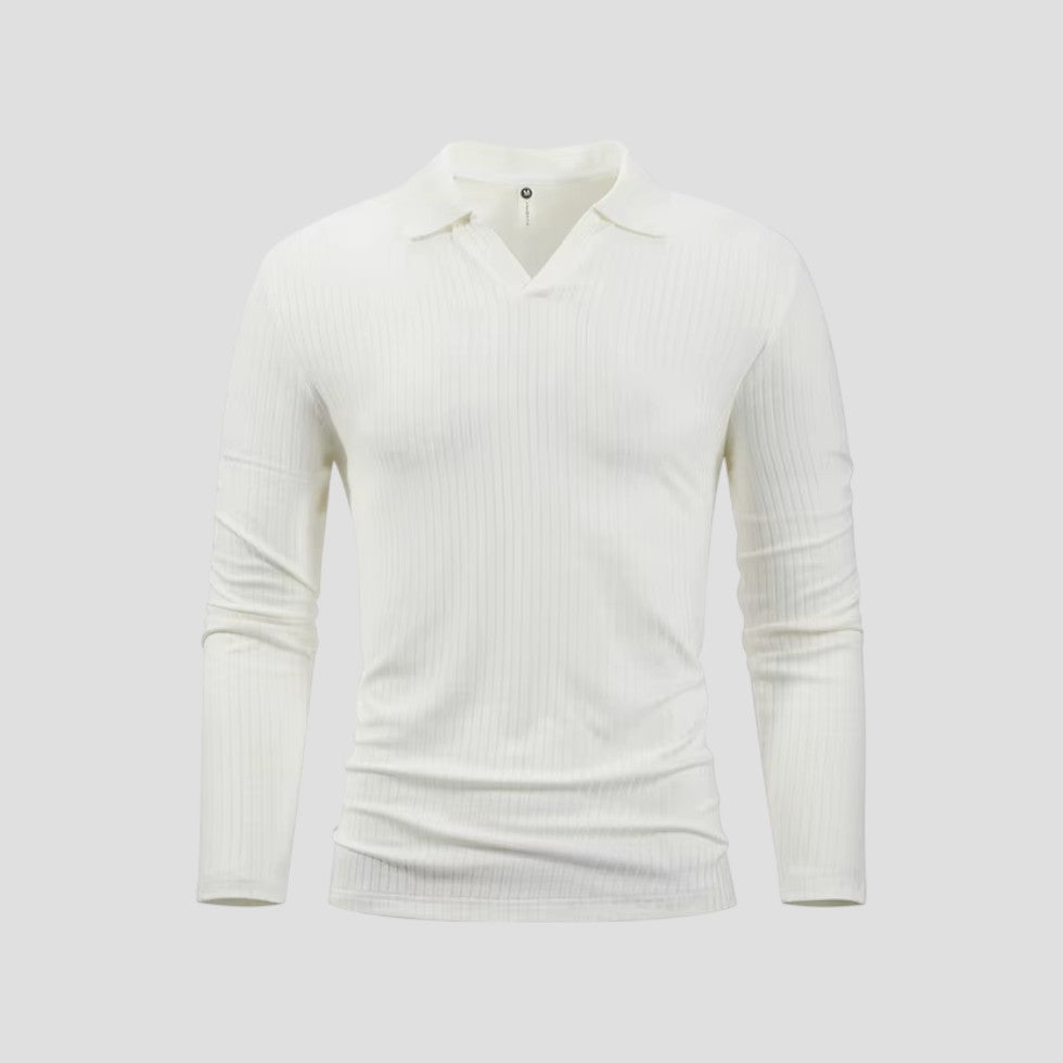 Elarova | Herren-Poloshirt aus Baumwolle mit langen Ärmeln, Slim Fit, geripptes Oberteil mit V-Ausschnitt