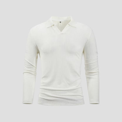Elarova | Herren-Poloshirt aus Baumwolle mit langen Ärmeln, Slim Fit, geripptes Oberteil mit V-Ausschnitt
