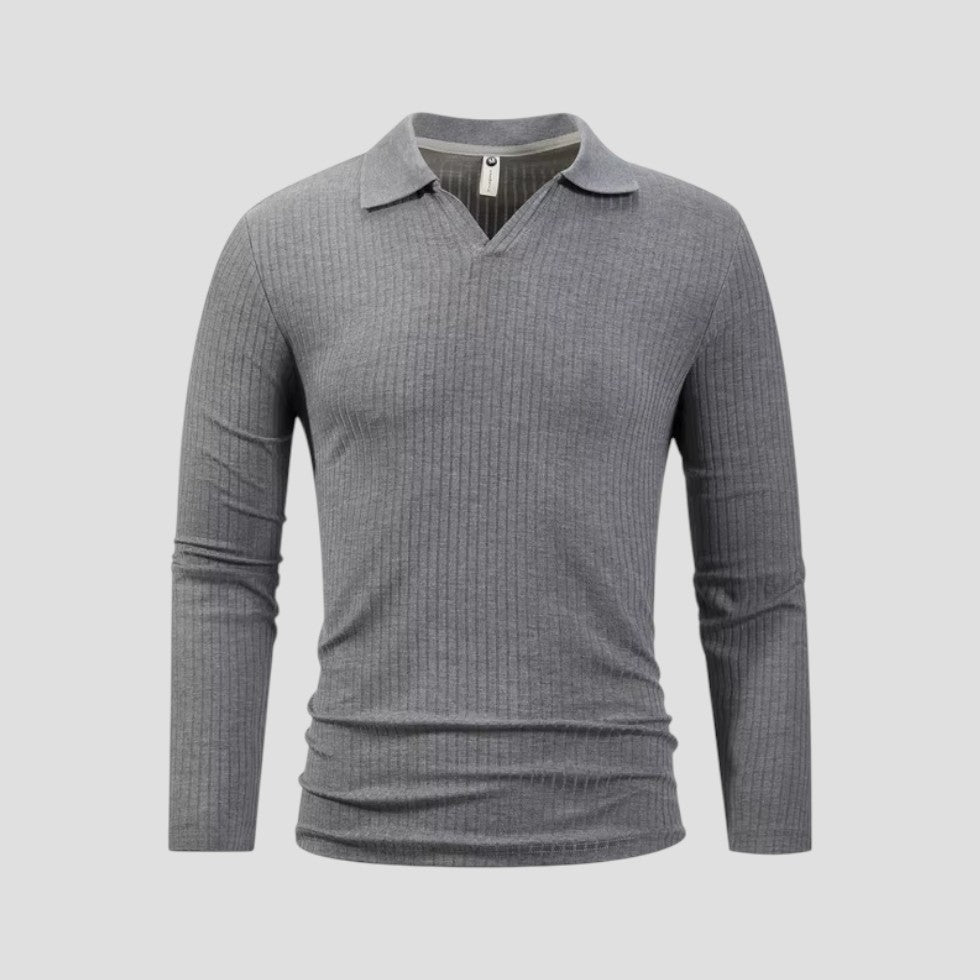 Elarova | Herren-Poloshirt aus Baumwolle mit langen Ärmeln, Slim Fit, geripptes Oberteil mit V-Ausschnitt