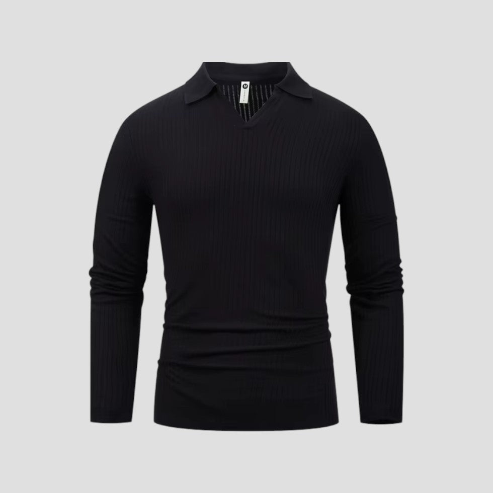 Elarova | Herren-Poloshirt aus Baumwolle mit langen Ärmeln, Slim Fit, geripptes Oberteil mit V-Ausschnitt