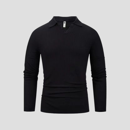 Elarova | Herren-Poloshirt aus Baumwolle mit langen Ärmeln, Slim Fit, geripptes Oberteil mit V-Ausschnitt
