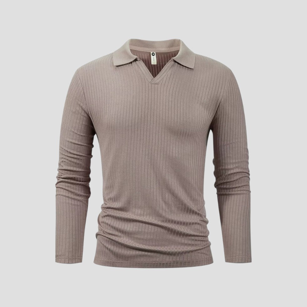Elarova | Herren-Poloshirt aus Baumwolle mit langen Ärmeln, Slim Fit, geripptes Oberteil mit V-Ausschnitt