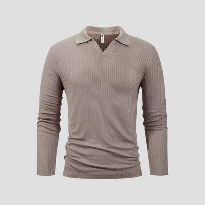Elarova | Herren-Poloshirt aus Baumwolle mit langen Ärmeln, Slim Fit, geripptes Oberteil mit V-Ausschnitt