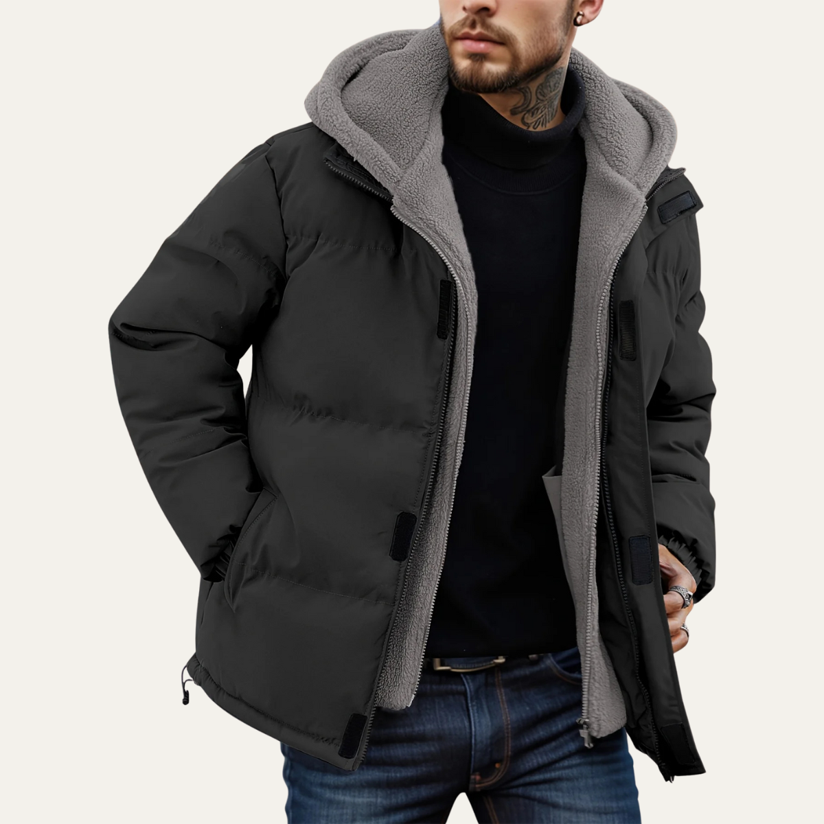Elarova | Herren-Steppjacke mit Kapuze und Sherpa-Futter