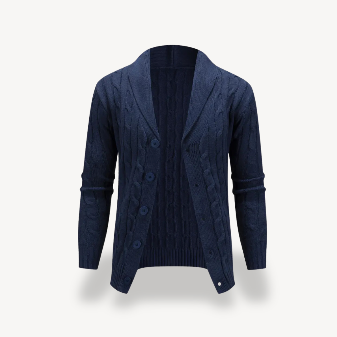 Elarova | Herren-Strickjacke mit Schalkragen und Zopfmuster