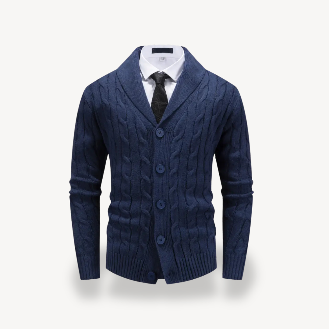 Elarova | Herren-Strickjacke mit Schalkragen und Zopfmuster