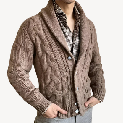 Elarova | Herren-Strickjacke mit Zopfmuster und Schalkragen