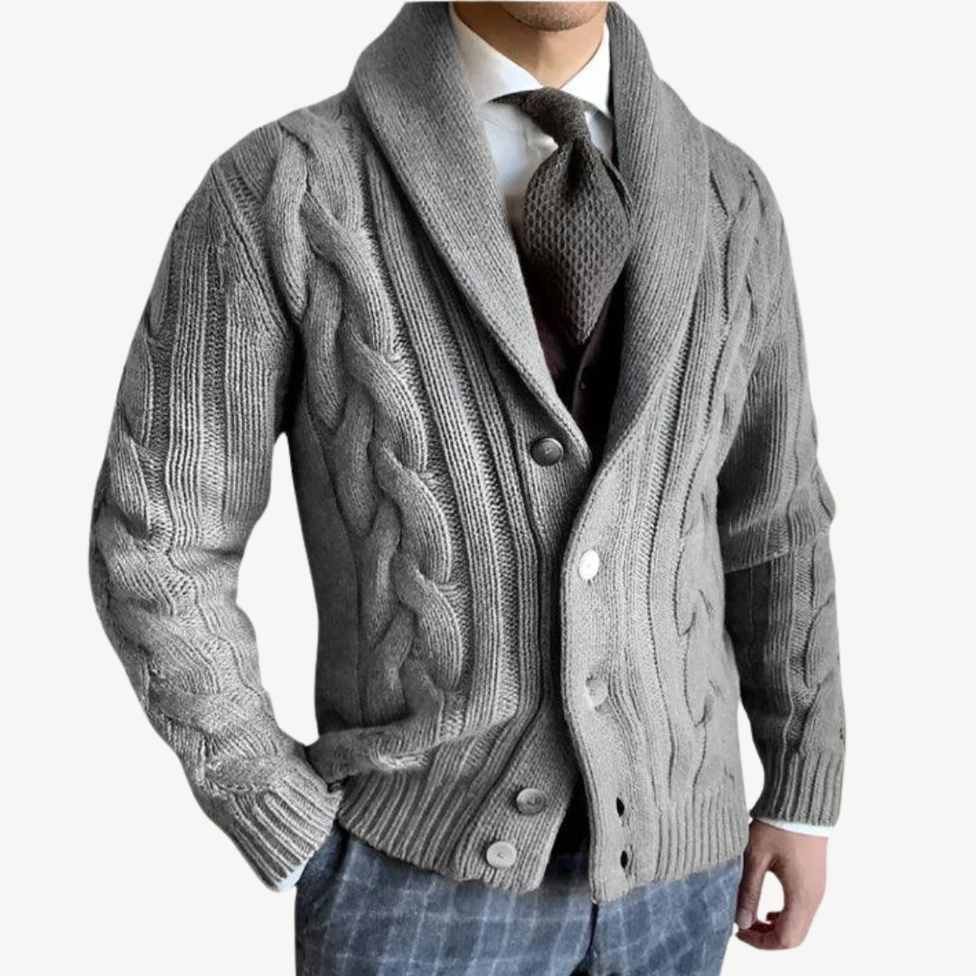 Elarova | Herren-Strickjacke mit Zopfmuster und Schalkragen