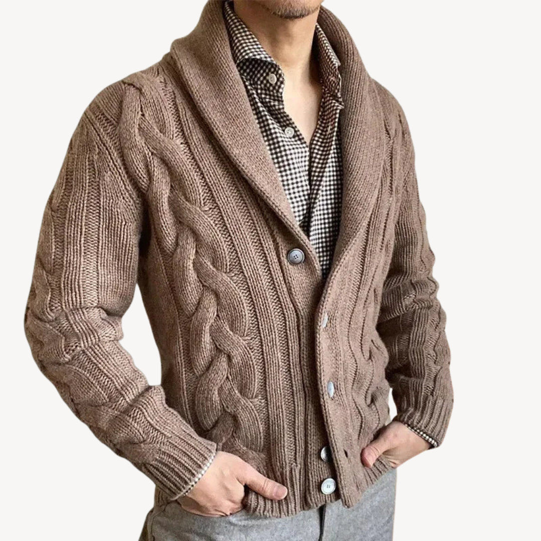 Elarova | Herren-Strickjacke mit Zopfmuster und Schalkragen