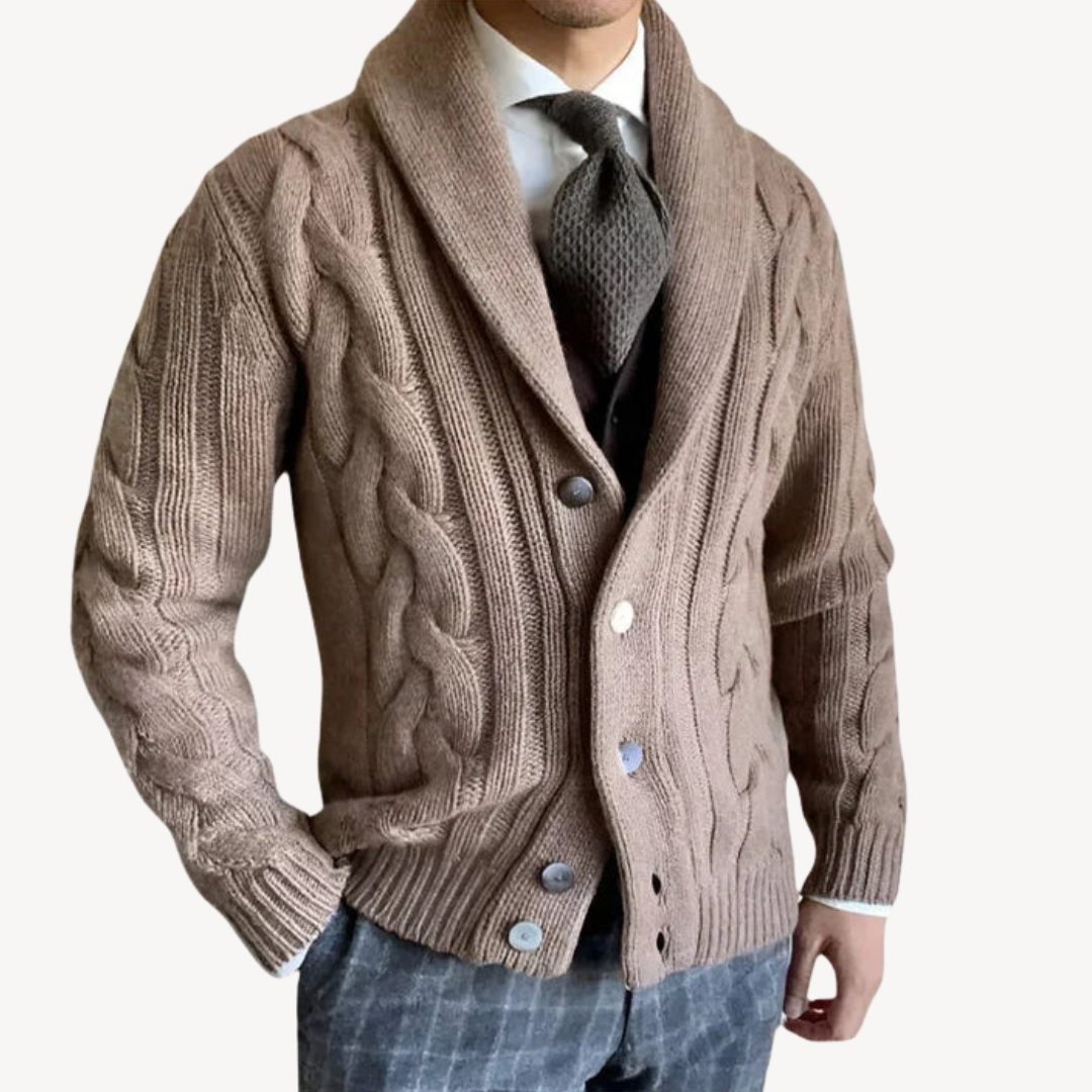 Elarova | Herren-Strickjacke mit Zopfmuster und Schalkragen