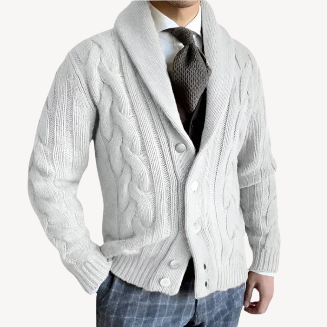 Elarova | Herren-Strickjacke mit Zopfmuster und Schalkragen