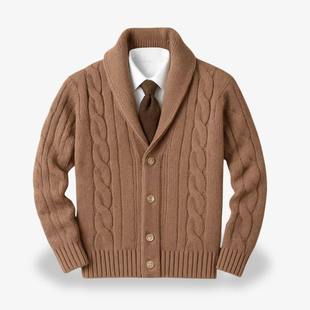 Elarova | Herren-Strickjacke mit Zopfmuster und Schalkragen