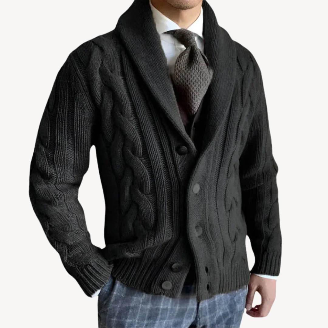 Elarova | Herren-Strickjacke mit Zopfmuster und Schalkragen