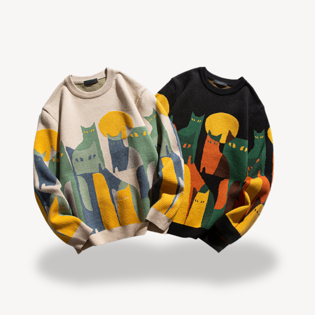 Elarova | Herren-Strickpullover mit Katzenmotiv aus Baumwolle