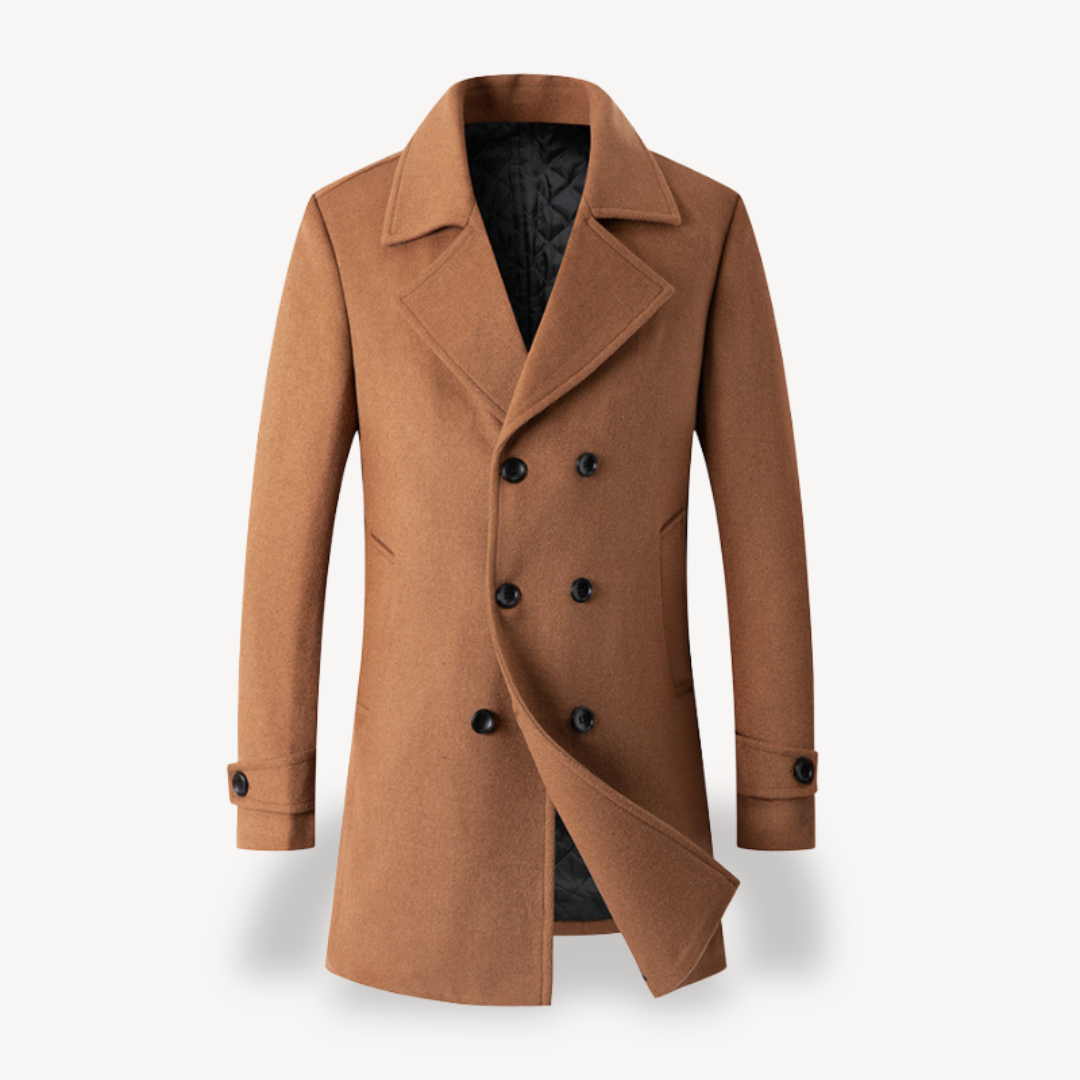 Elarova | Herren Trenchcoat aus Wolle, zweireihig, in Marineblau, Grau, Camel, Schwarz