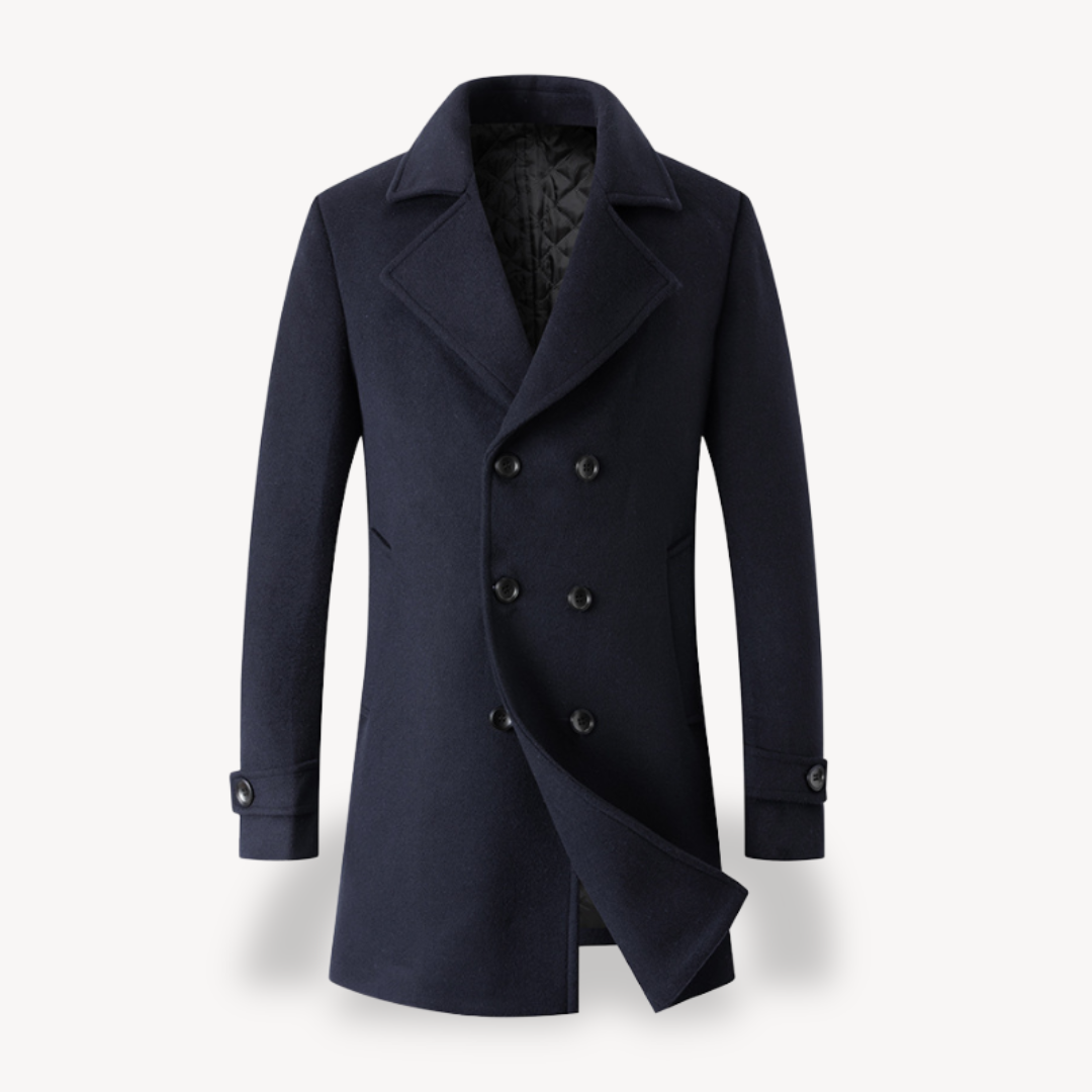 Elarova | Herren Trenchcoat aus Wolle, zweireihig, in Marineblau, Grau, Camel, Schwarz