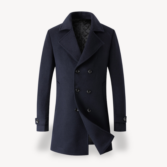 Elarova | Herren Trenchcoat aus Wolle, zweireihig, in Marineblau, Grau, Camel, Schwarz