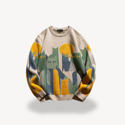 Elarova | HerrenStrickpullover mit Katzenmotiv aus Baumwolle
