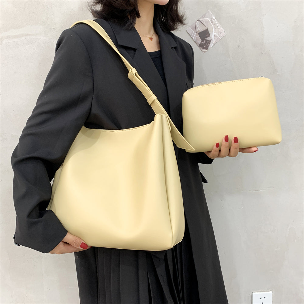 Elarova | Hochwertige Damen Shopper Große Kapazität Schultertasche Reine Farbe Breiter Riemen Weiches PULeder
