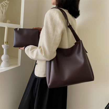 Elarova | Hochwertige Damen Shopper Große Kapazität Schultertasche Reine Farbe Breiter Riemen Weiches PULeder