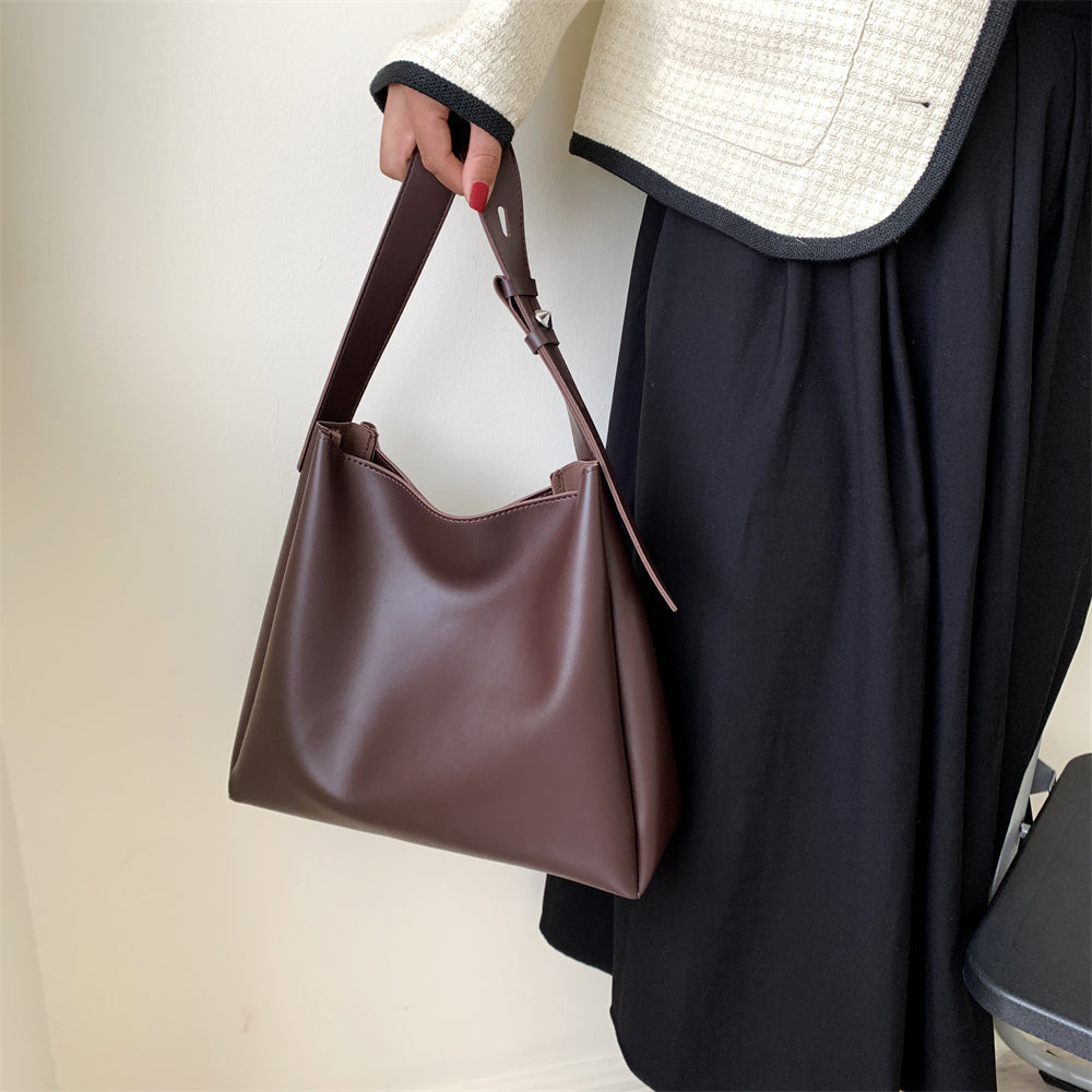 Elarova | Hochwertige Damen Shopper Große Kapazität Schultertasche Reine Farbe Breiter Riemen Weiches PULeder