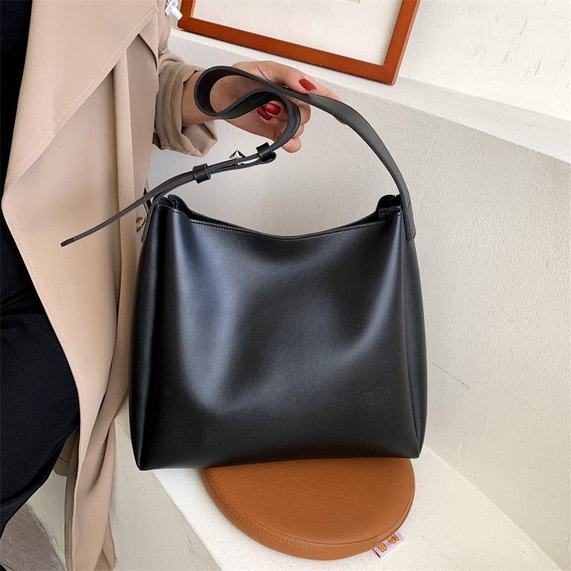 Elarova | Hochwertige Damen Shopper Große Kapazität Schultertasche Reine Farbe Breiter Riemen Weiches PULeder