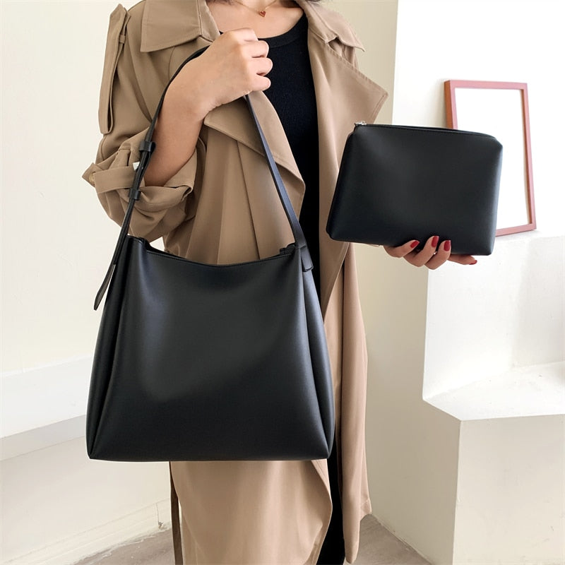 Elarova | Hochwertige Damen Shopper Große Kapazität Schultertasche Reine Farbe Breiter Riemen Weiches PULeder