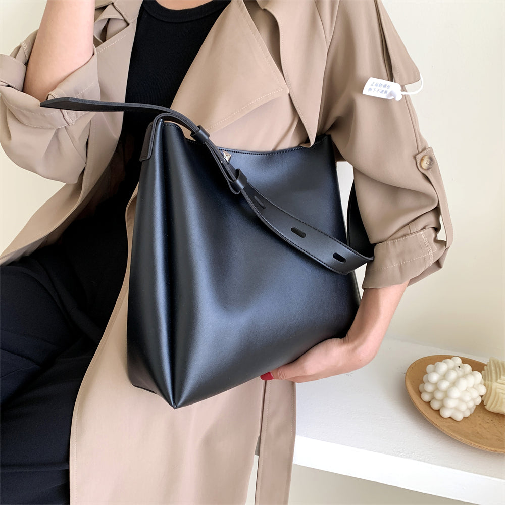 Elarova | Hochwertige Damen Shopper Große Kapazität Schultertasche Reine Farbe Breiter Riemen Weiches PULeder