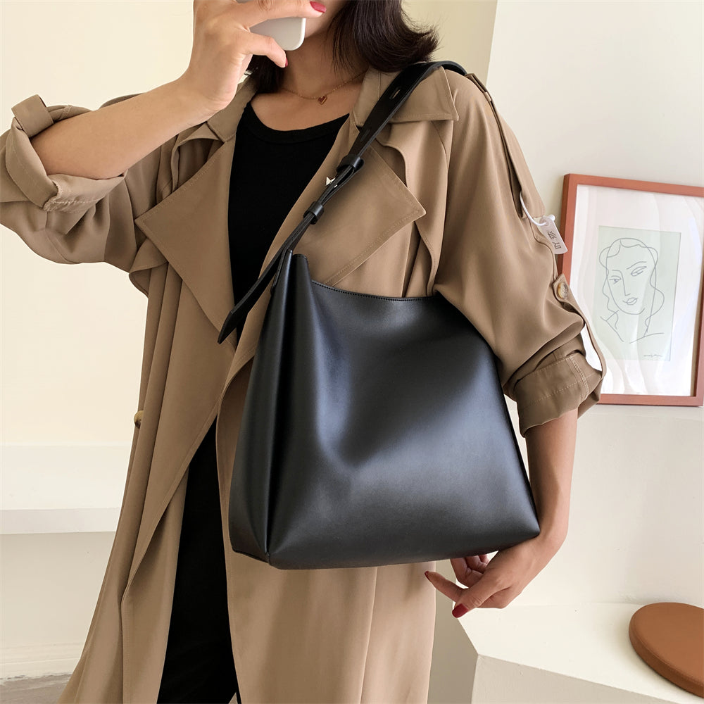 Elarova | Hochwertige Damen Shopper Große Kapazität Schultertasche Reine Farbe Breiter Riemen Weiches PULeder
