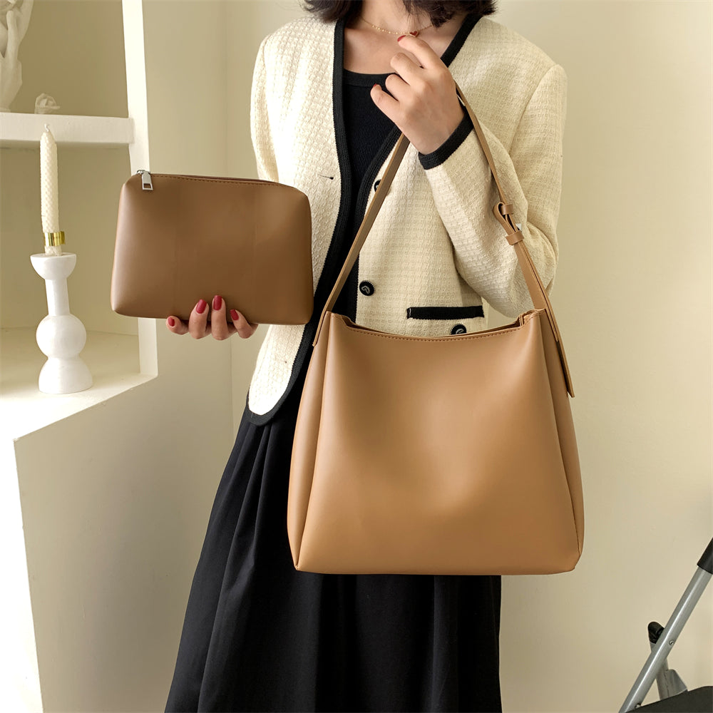 Elarova | Hochwertige Damen Shopper Große Kapazität Schultertasche Reine Farbe Breiter Riemen Weiches PULeder