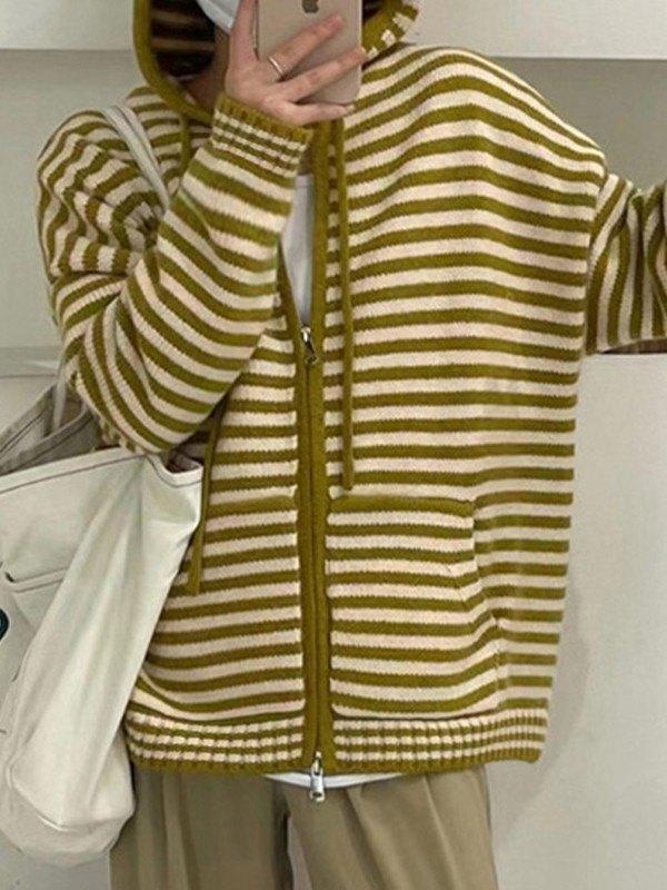 Elarova | Hooded Gestreifter Langarmstrickstrickjacke