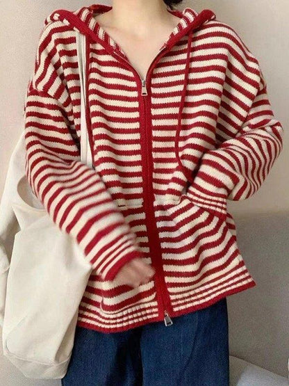 Elarova | Hooded Gestreifter Langarmstrickstrickjacke