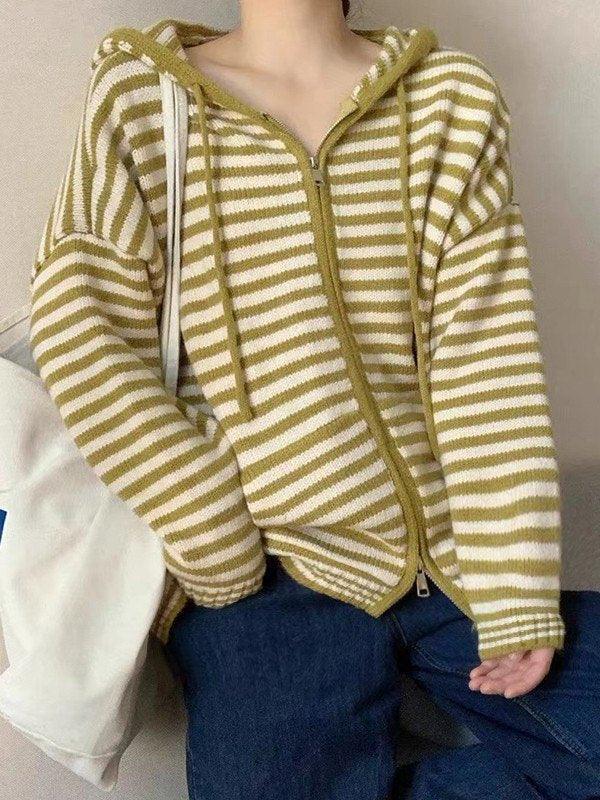 Elarova | Hooded Gestreifter Langarmstrickstrickjacke