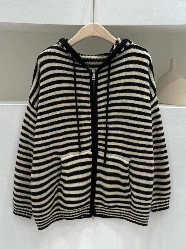 Elarova | Hooded Gestreifter Langarmstrickstrickjacke