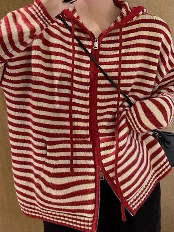 Elarova | Hooded Gestreifter Langarmstrickstrickjacke