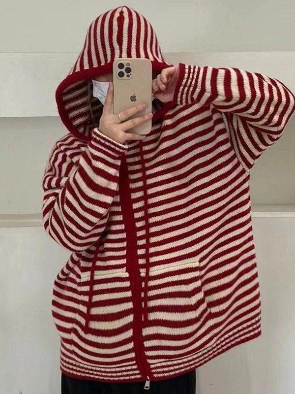 Elarova | Hooded Gestreifter Langarmstrickstrickjacke